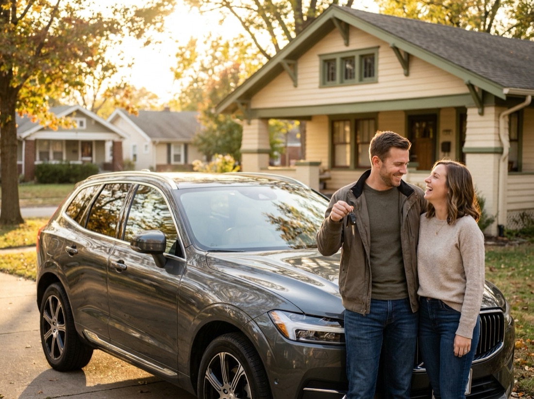 A couple with the keys to their new car, insured through JMO