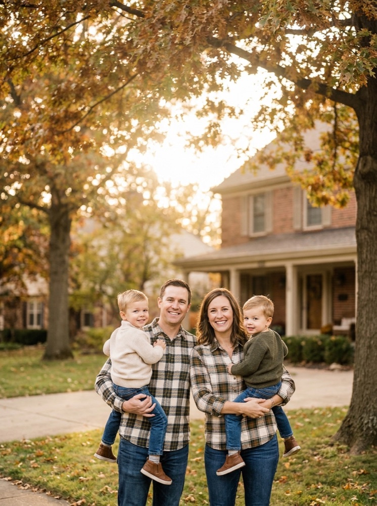 A Missouri family in front of their home, protected by JMO Insurance